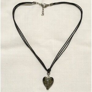 Puffy Heart Glass Pendant Necklace Cord Strand Smokey Gray Gold Tone